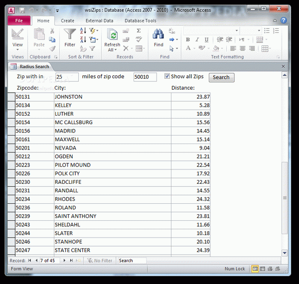 Access Zip Code Radius Database