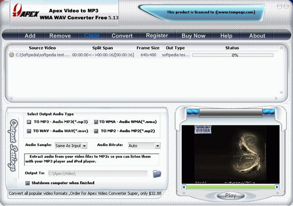 Apex Video to MP3 WMA WAV Converter