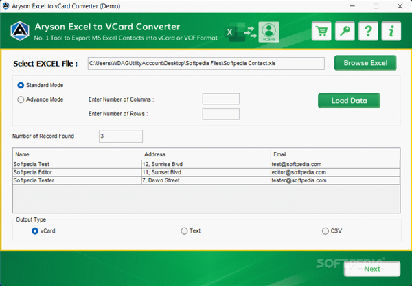 Aryson Excel to vCard Converter Tool