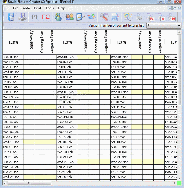 Bowls Fixtures Calendar