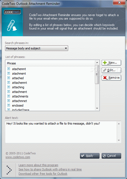 CodeTwo Outlook Attachment Reminder