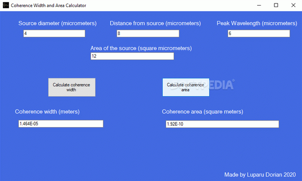 Coherence Width and Area Calculator