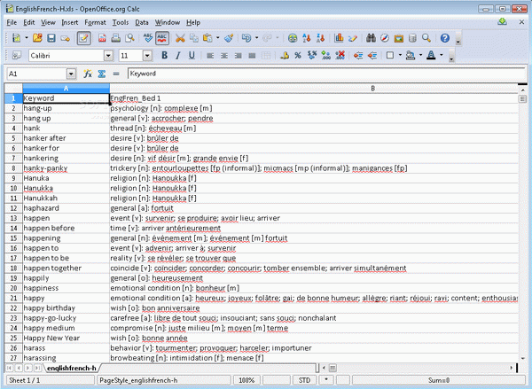 Excel Dictionary English French