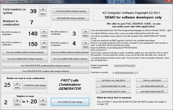 Fast Lotto Combinations Generator