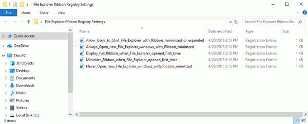File Explorer Ribbon Settings Registry Fixes