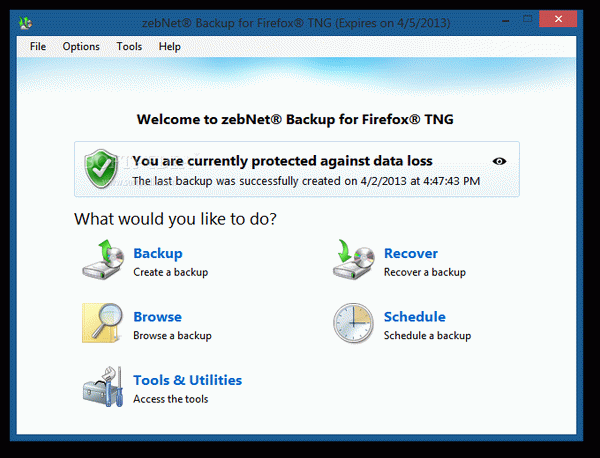 zebNet Backup for Firefox TNG
