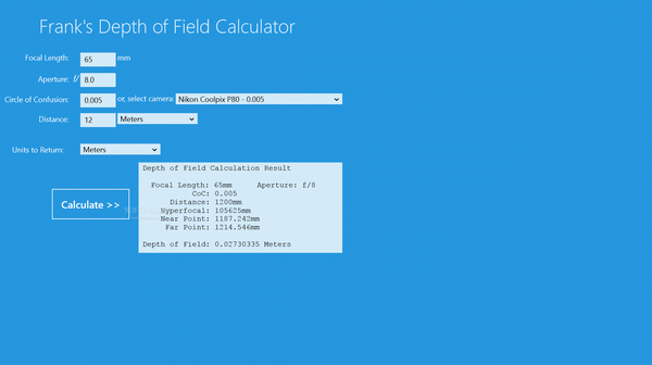 Frank's Depth of Field Calculator