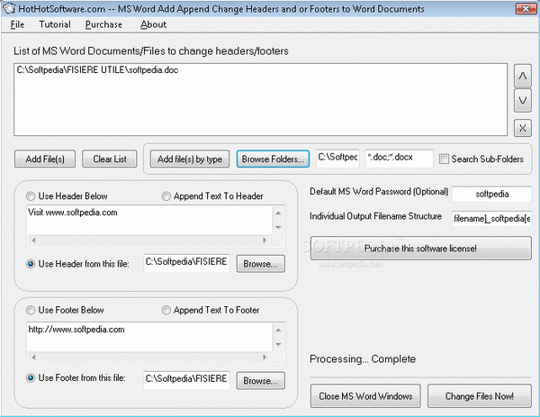 MS Word Add Append Change Headers and or Footers to Multiple Word Documents