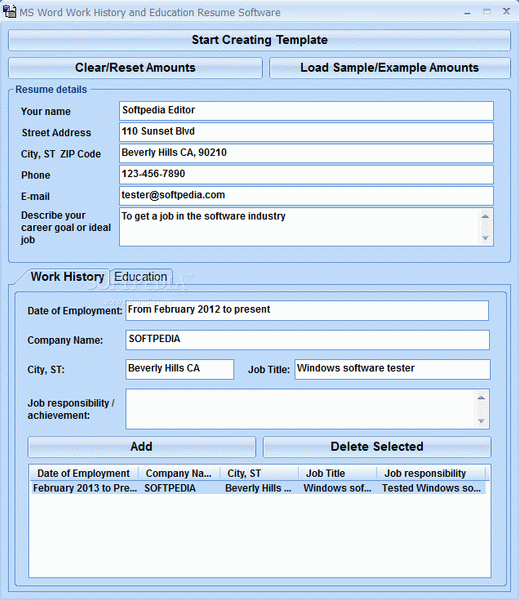 MS Word Work History and Education Resume Software