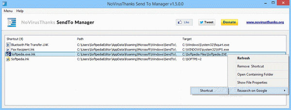 NoVirusThanks SendTo Manager