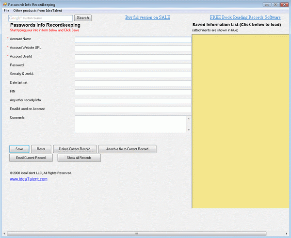 Passwords Info Recordkeeping