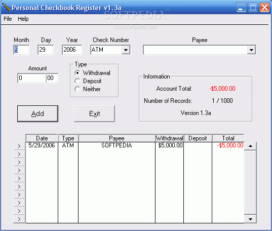 Personal Checkbook Register