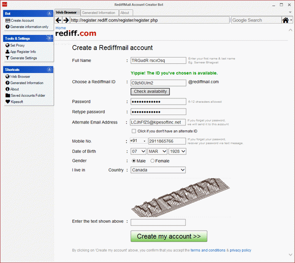 RediffMail Account Creator Bot