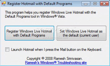Register Hotmail with Default Programs
