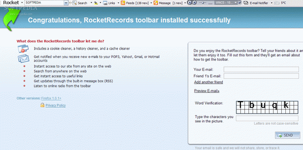 RocketRecords toolbar for IE