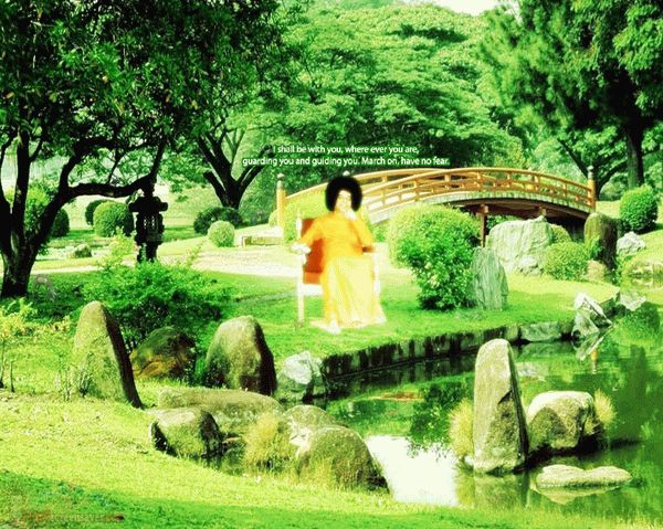 Sathya Sai Baba enjoying garden view