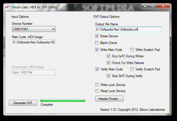 Silicon Labs .HEX to .SVF Conversion Utility
