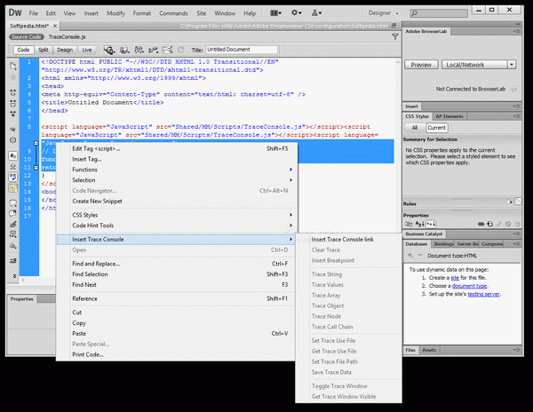 Trace Console Insert for Dreamweaver