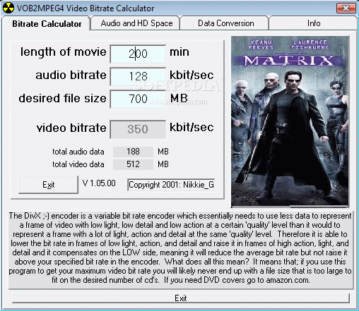 VOB2MPEG4 Video Bitrate Calculator