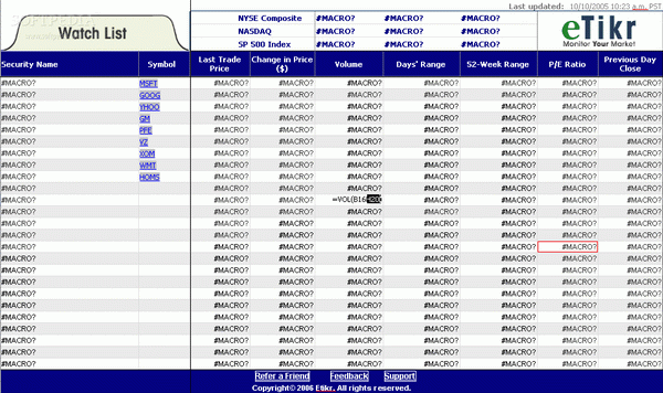 eTikr - Free Stock Quotes for Excel